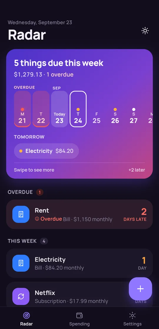 The Due Radar home screen listing what is due this week