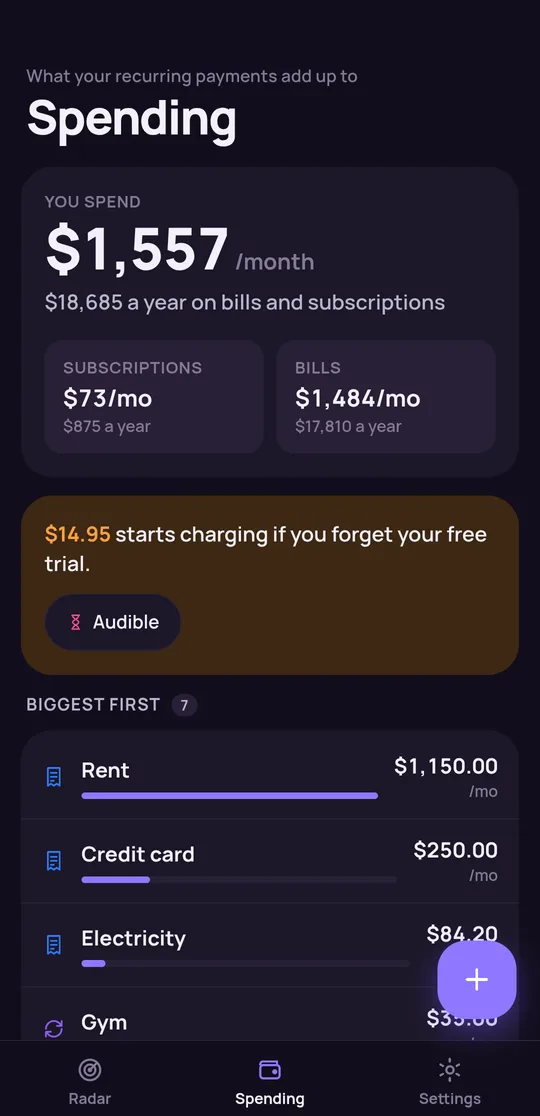 The Spending screen showing monthly and yearly totals